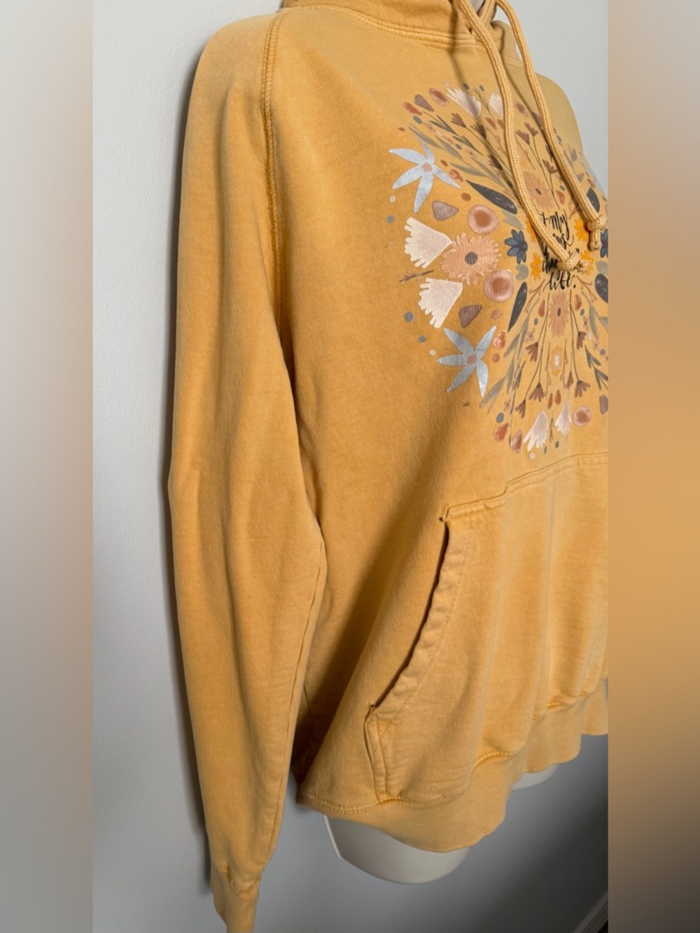 Lane Seven Mustard Yellow Floral Graphic Hoodie Sweatshirt w/ Christian Message - Picture 3 of 14